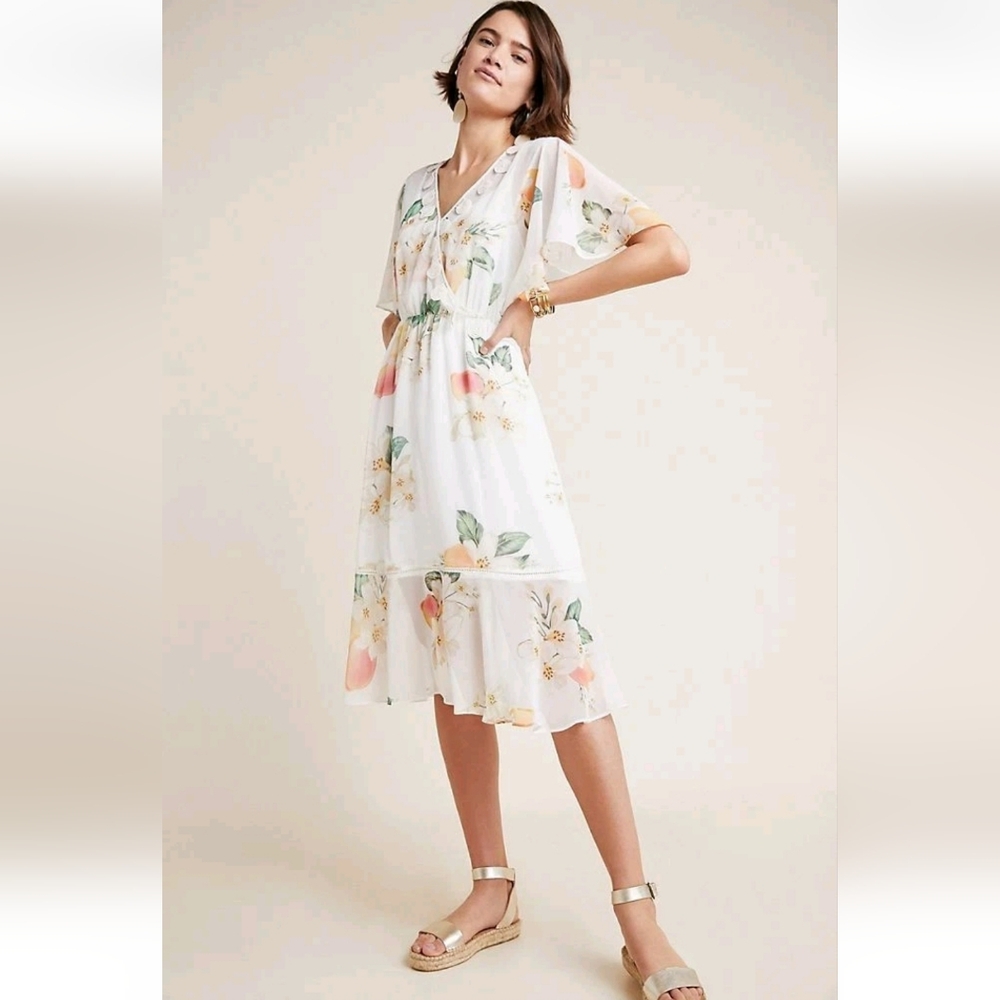 FARM RIO Eloisa Sheer Peach Print Floral Midi Crochet Detail NWOT SRP $230